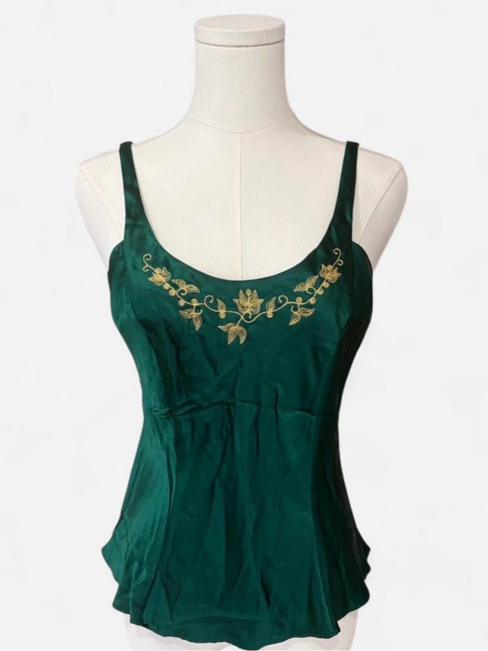 Vintage Victoria's Secret Emerald Green Silk Camisole with Gold Embroidery